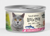 80克 MeoWow 無穀物吞拿魚+三文魚湯汁貓罐頭, 韓國製造