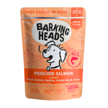 300克 Barking Heads Grain Free Salmon & Sardine Pouch 卡通狗無穀物三文魚沙丁魚主食濕糧x10包, 英國/歐盟製造