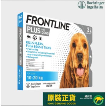3支裝 Frontline Plus Spot On 狗用殺蚤除牛蜱滴頸藥, 體重22-44磅適用, 法國製造  (到期日: 8-2027)